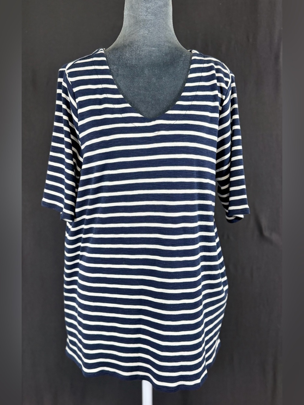 J. Jill Short Pima Cotton Slub Knit Navy White Striped V-Neck elbow sleeve tee